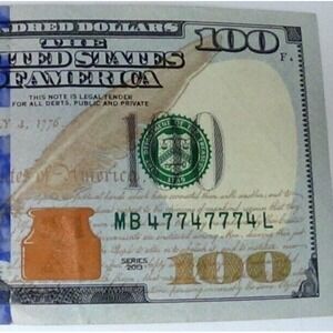Fancy $100 Bill Serial Number 47747774 Five of kind Hall of Fame Rating #088